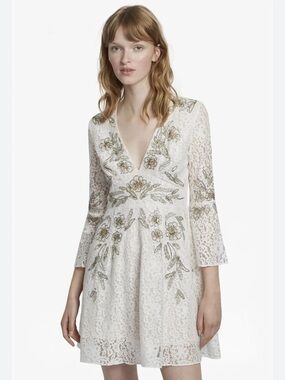 french connection cream lace dress FRENCH CONNECTION Ivory Lace-Overlay Short Sleeve Sheath Dress 0